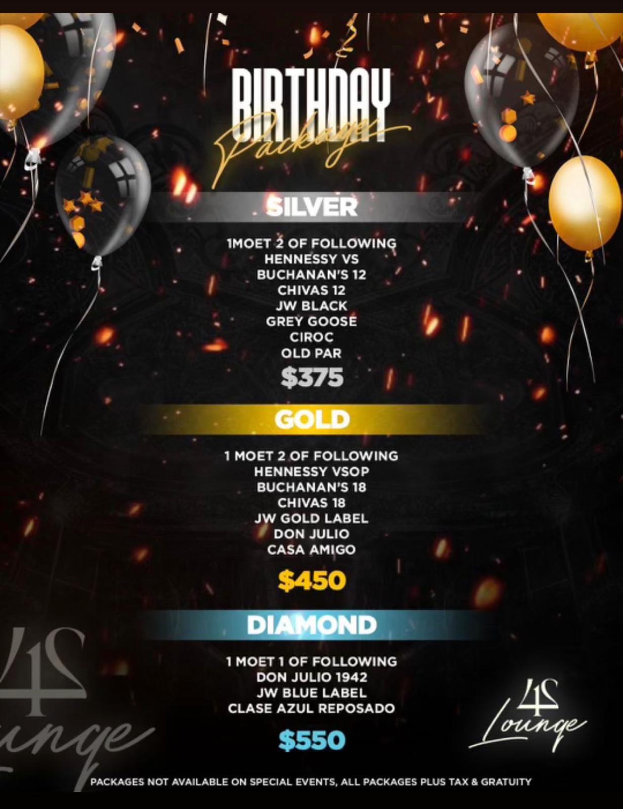 412 Lounge birthday packages: Silver $375, Gold $450 and Diamond $550, plus tax and gratuity; special events excluded